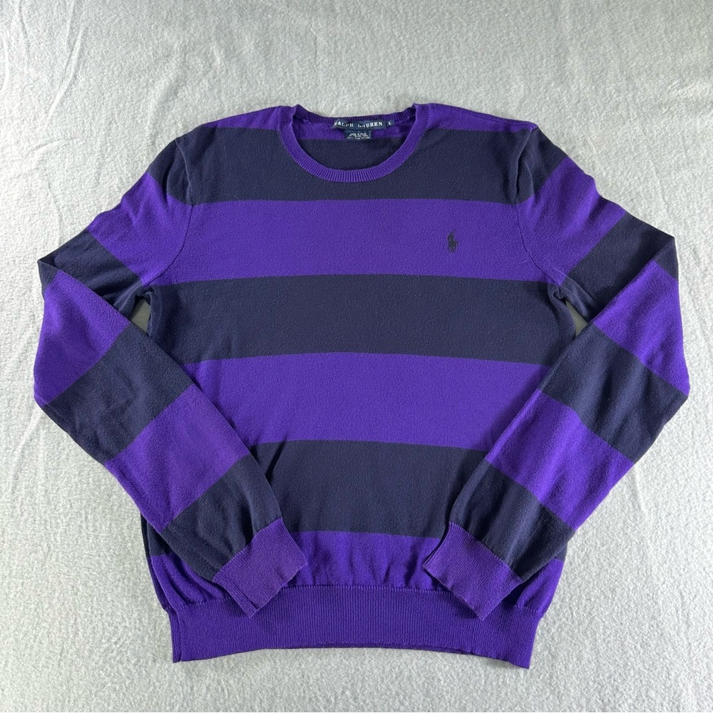 Ralph Lauren Women’s Striped Crewneck Sweater Purple Dark Blue Size L Cotton